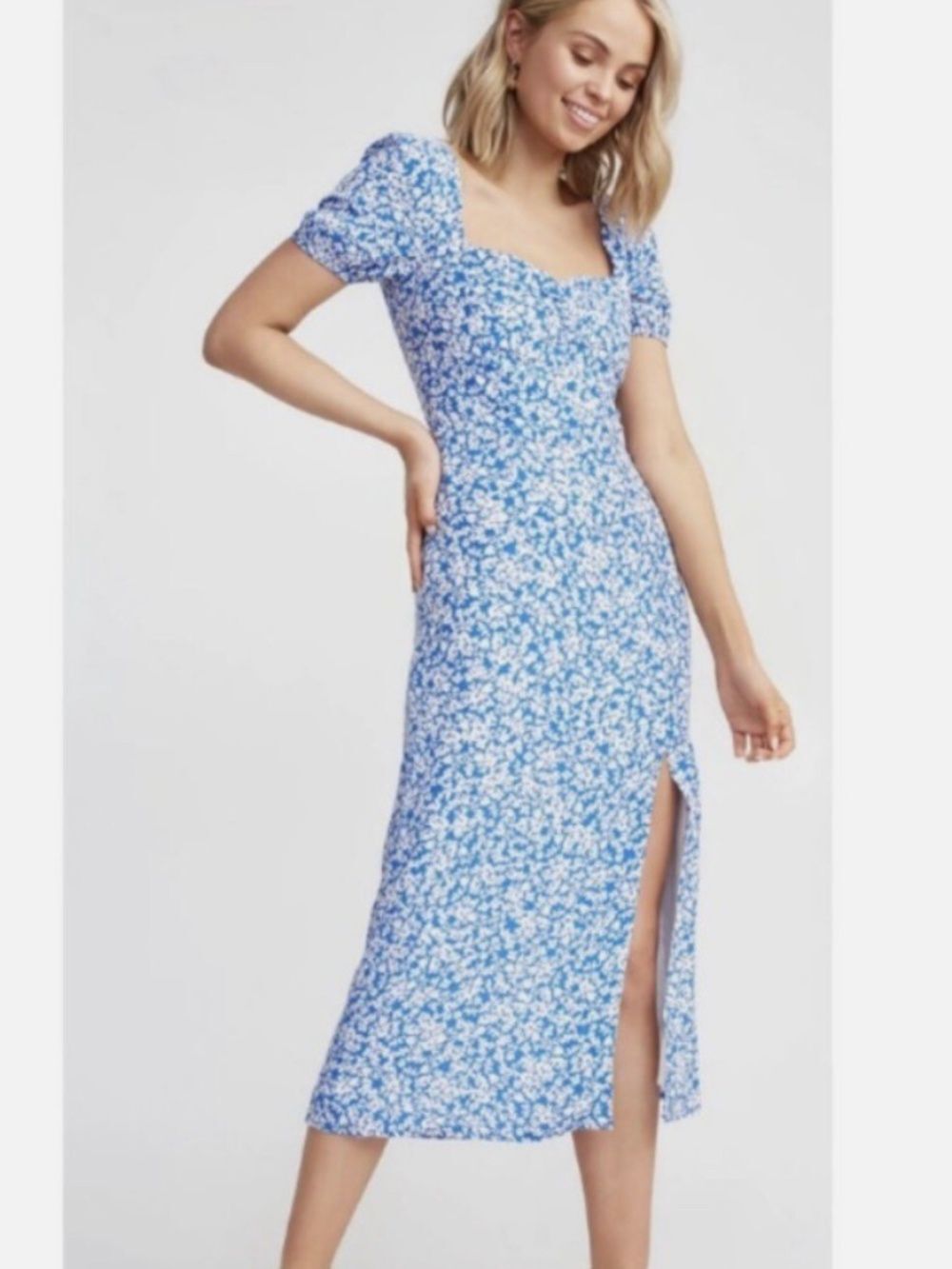 Boho Romantic French Girl KOOKAÏ Iris Midi Dress Blue & White Floral Size 34 XS